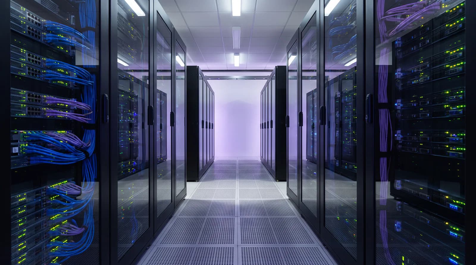 Rows of network and server rack cabinets in a modern server room aisle