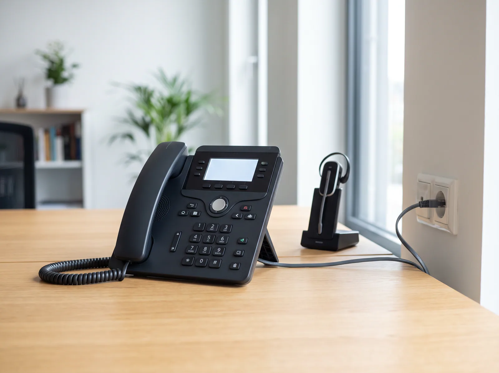 A business VoIP desk telephone with a wireless headset on an office desk