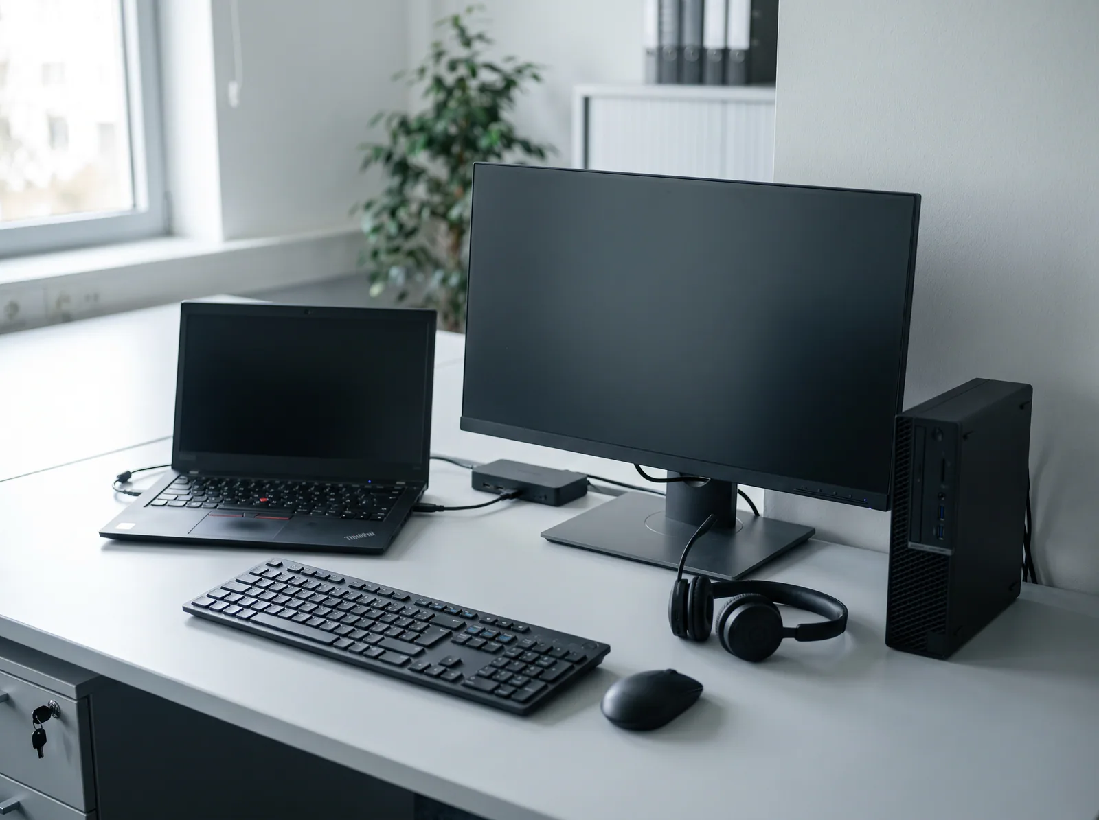 A business laptop, monitor, docking station and headset on an office desk